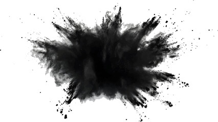 Abstract powder splatted on white background, Black vibrant paint black powder explosion with dark colors isolated white background.