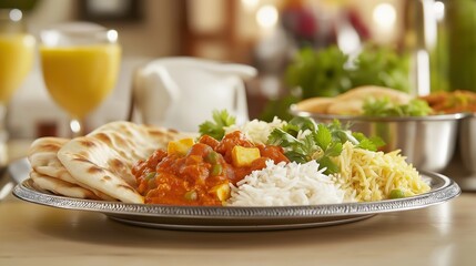 A plated Indian takeout dish featuring a variety of curries such as tikka masala, palak paneer