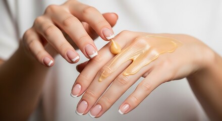 Fototapeta premium Applying Moisturizing Cream: A Close-Up of Hands with French Manicured Nails and Hydrating Skincare Product, Beauty and Wellness Concept