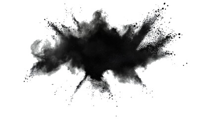 Black color powder explosion isolated on white background. Black dust flying, effect explode isolated on white background. Black sand flying explosion on a white transparent background. 