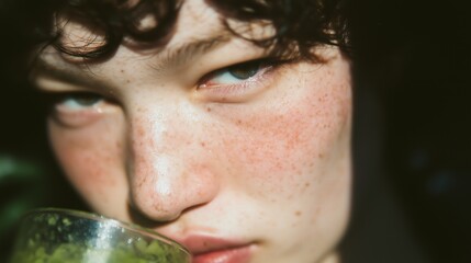 lofi candid summer portrait drinking matcha in golden sunlight aesthetic