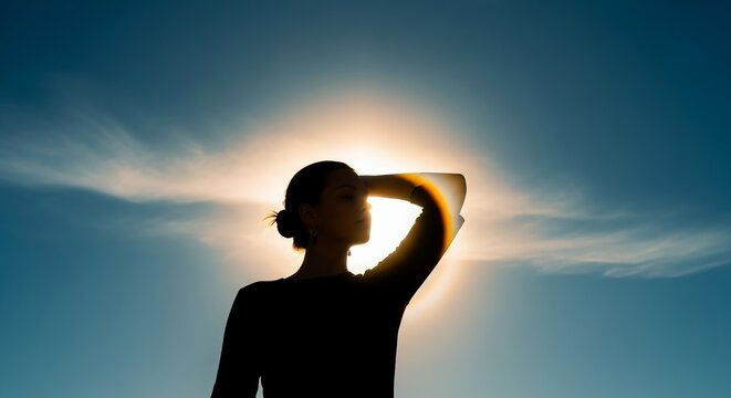 Silhouette of a woman shielding her eyes from the sun against a bright sky with clouds