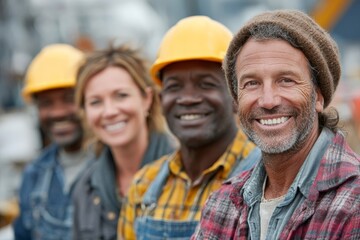 Group of construction workers smiling together at a worksite in the afternoon sun