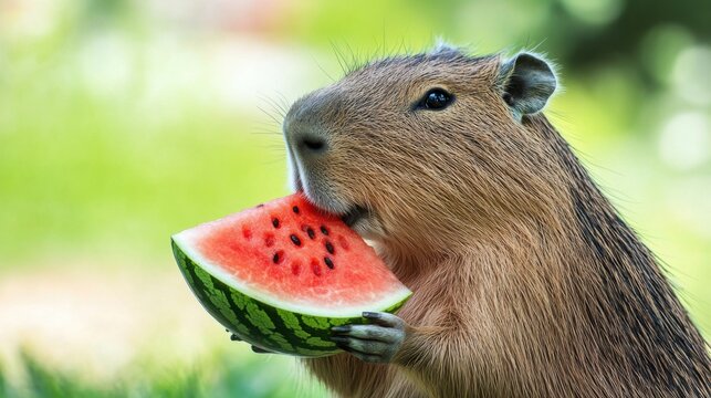 Cute capybara biting juicy watermelon slice, fresh summer backdrop, green grass, blurred background, vibrant vibe, kawaii animal trend, fruit snack, copy space, greeting card design, summer