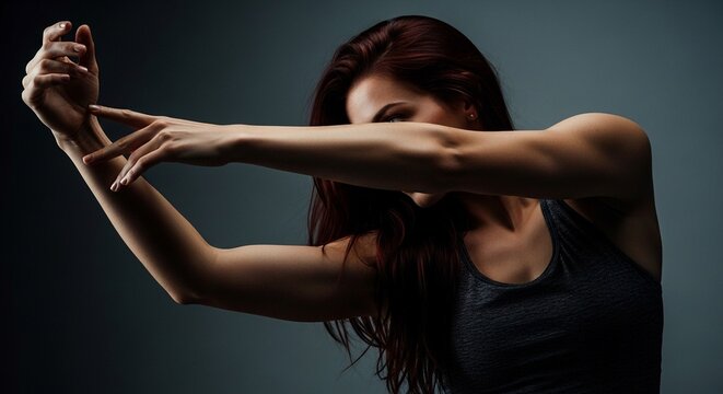 Elegant woman with dark red hair in a dynamic pose, partially obscured by her arm, against a gradient background.