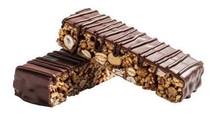 Two chocolate granola bars isolated on transparent background
