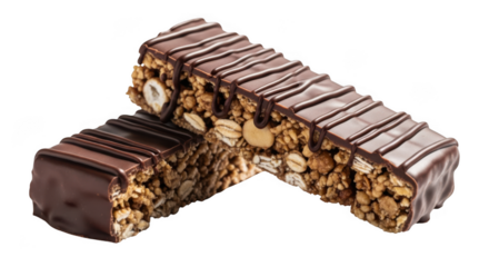 Two chocolate granola bars isolated on transparent background