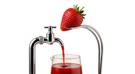 Fresh strawberry juice pouring from faucet into glass isolated on transparent background