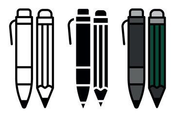 Three pencil and pen pairs in icon styles: outline, solid, and colored — clean minimalist set for writing, education, or stationery themes