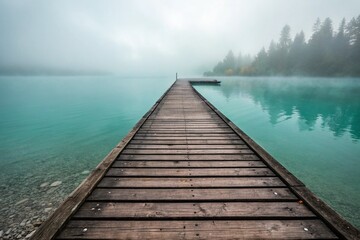 wooden pier on the lake, landscape with turquoise lake and fog
