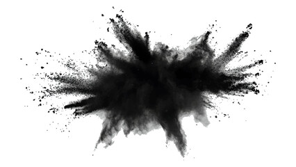 Black color powder explosion isolated on white background. Black dust flying, effect explode isolated on white background. Black sand flying explosion on a white transparent background. 