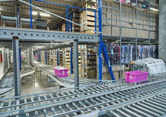 Warehouse Interior with Automated Conveyor System