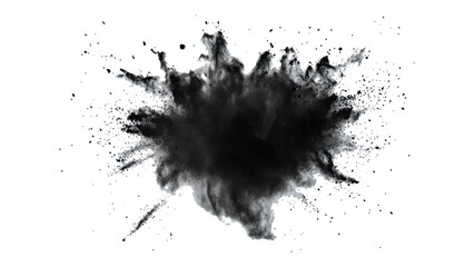 Black color powder explosion isolated on white background. Black dust flying, effect explode isolated on white background. Black sand flying explosion on a white transparent background. 