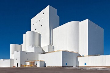 Large white industrial building against a clear blue sky in a sunny weather