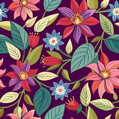 Vibrant seamless floral pattern with blooming flowers and leaves on a deep purple background