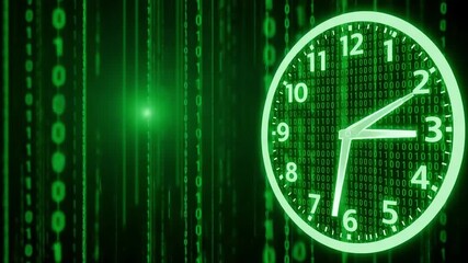 A glowing green analog clock face is superimposed over a dark background filled with cascading binary code symbolizing time in the digital - Powered by Adobe