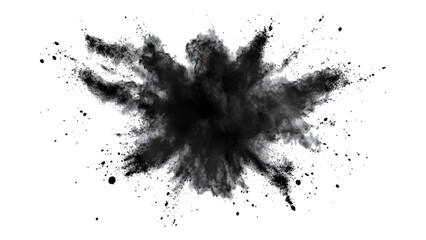 Black color powder explosion isolated on white background. Black dust flying, effect explode isolated on white background. Black sand flying explosion on a white transparent background. 