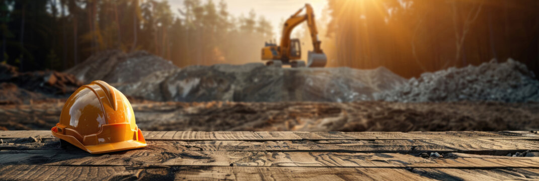 yellow construction helmet on a wooden table, excavator digging on the background, construction site, horizontal banner, copy space, free space for text