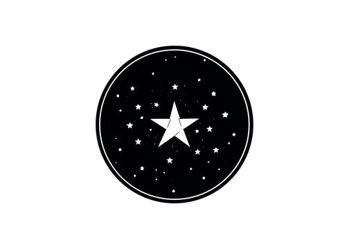 Circular emblem featuring a large white star amidst many small stars silhouette