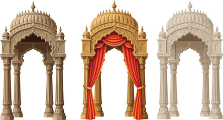 PrintTraditional Indian arches, ornate architecture, cultural heritage design, temple gateway, royal structure, ceremonial arch, decorative pillars, curtain drapery, historical art