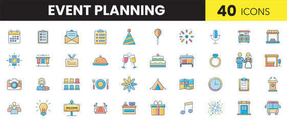 Event Planning Color Icon Set &ndash; Celebration, Party & Management Illustrations

