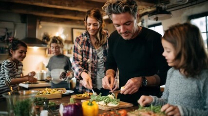 A happy family including parents and children prepares healthy food together in a bright kitchen emphasizing shared activities and well-being - Powered by Adobe