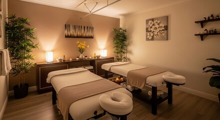 Serene spa treatment rooms with massage beds, plants, and soft lighting. Professional spa interior.