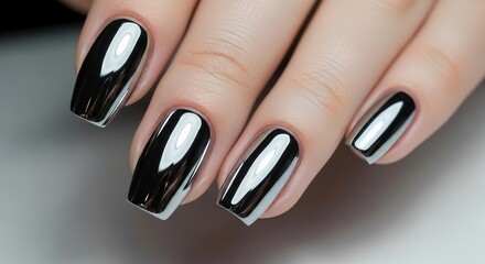 Close-up of a female hand showcasing stunning dark metallic chrome mirror nails with a sleek, reflective finish.