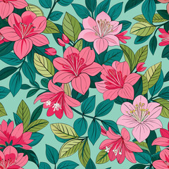 Vibrant pink and fuchsia flowers with lush green leaves on a soft teal background