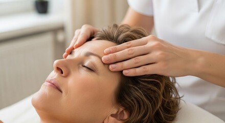 Naklejka premium Relaxing facial massage performed by a therapist on a woman lying down.