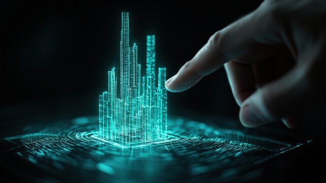 A hand interacts with a holographic cityscape, showcasing advanced technology and digital architecture in a futuristic setting.