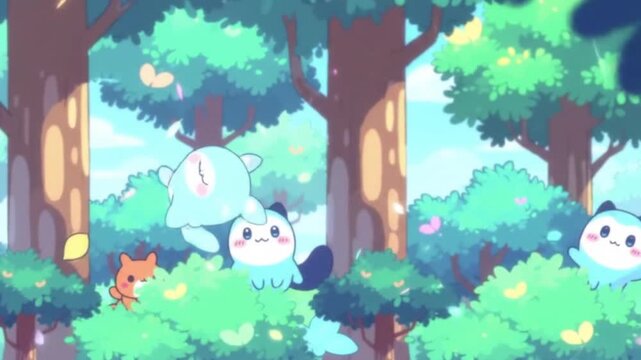 Cartoon animals in a blue forest with trees and bushes and falling leaves around them