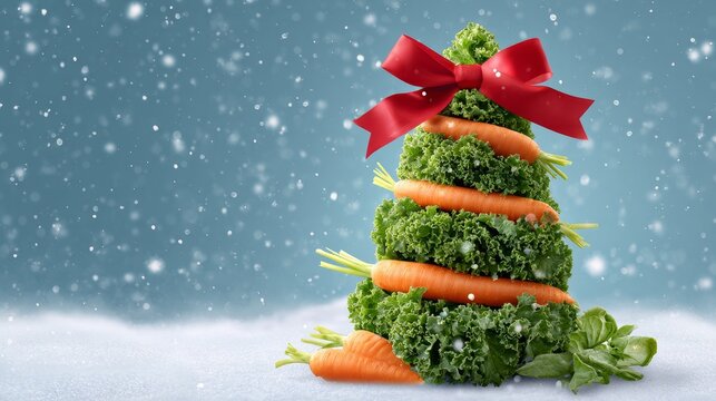 Festive vegetable christmas tree with kale and carrots under snowfall