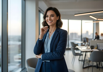 Plakat Smiling businesswoman in a modern office with a city view in the background