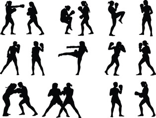 Boxing and martial arts silhouette set showing dynamic combat poses, punching techniques, fitness action, self-defense, training illustrations