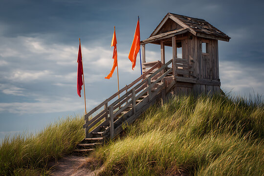 Wooden lifeguard tower with colorful flags on a grassy dune under a dramatic cloudy sky