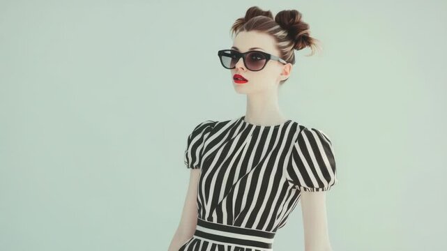 A woman wearing a distinctive black and white striped dress, perfect for use in fashion or style context