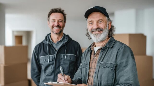 Two smiling movers one with a clipboard stand amidst moving boxes ready to assist with relocation