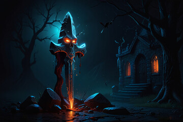 Magic dagger. Dark night. Gloomy background.