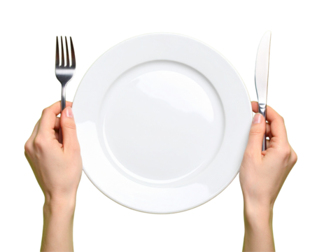 Hands Holding Fork and Knife Over Empty Plate, Top View Mealtime Concept, Transparent PNG