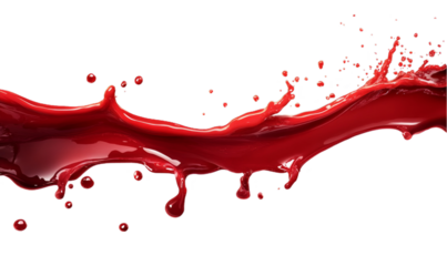 Dynamic red liquid splash with droplets in motion, capturing energy and fluidity on transparent background