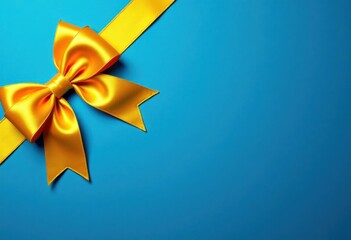 Blue festive background with yellow satin bow and ribbon, gift card template