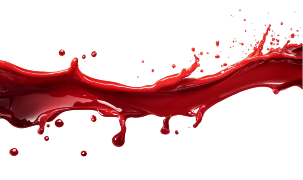 Dynamic red liquid splash with droplets in motion, capturing energy and fluidity on transparent background