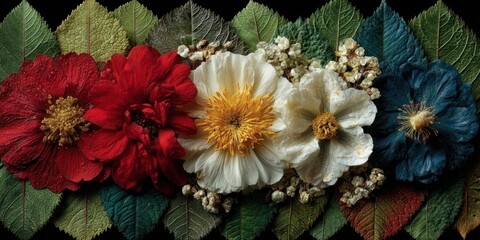 Leaves and flowers arranged artistically in the pattern of a tricolor flag.