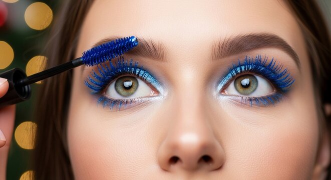 Woman applying vibrant blue mascara and eyeshadow for a bold, trendy eye makeup look, highlighting beauty and cosmetic application. - Powered by Adobe