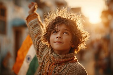 Little boy waving Indian flag outdoors celebrating freedom