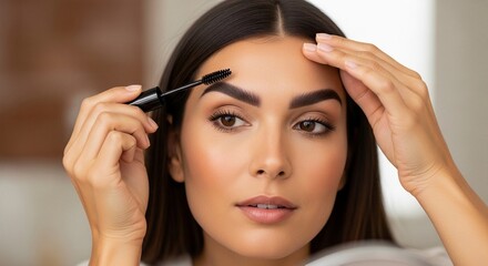 Fototapeta premium Young woman applies eyebrow makeup with a brush, focusing on her beauty routine and self-care in a close-up indoor shot.