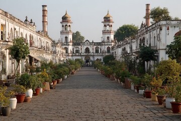 Historic architecture in a scenic courtyard with plants and towers during daylight
