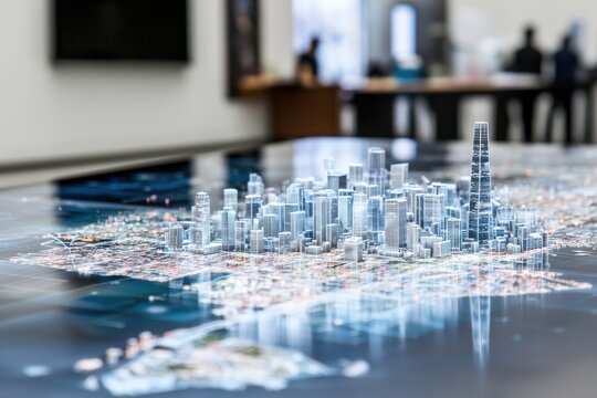 A detailed 3D city model showcases a modern skyline with illuminated structures, representing urban planning and architectural design.