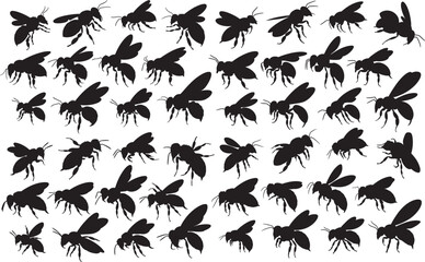 Collection of bee silhouettes isolated on transparent background.